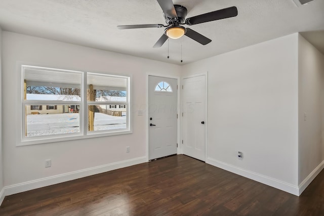 foyer with ceiling fan, a healthy amount of sunlight, and dark wood-type flooring