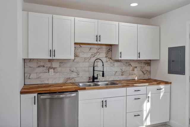 kitchen featuring white cabinetry, electric panel, dishwasher, and wood counters