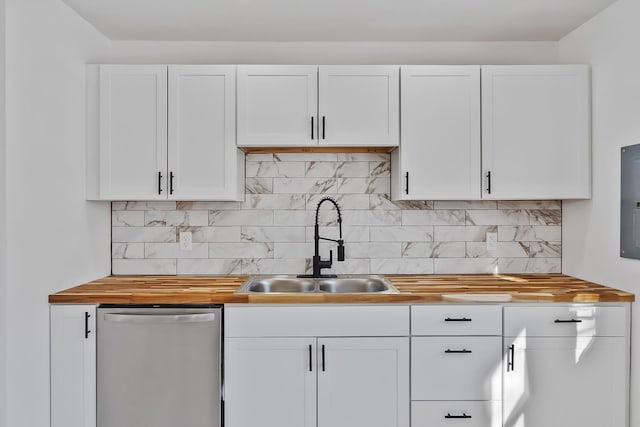 kitchen with dishwasher, white cabinets, and wooden counters