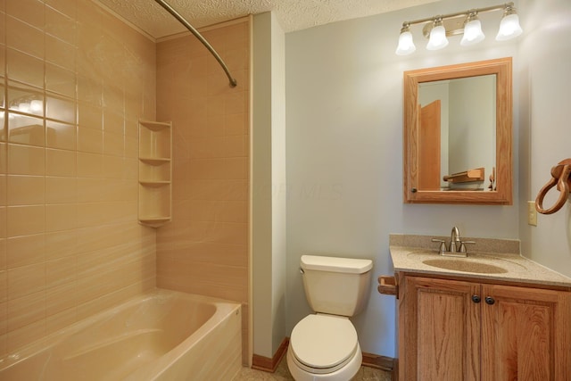 full bathroom with vanity, toilet, a textured ceiling, and shower / bathing tub combination