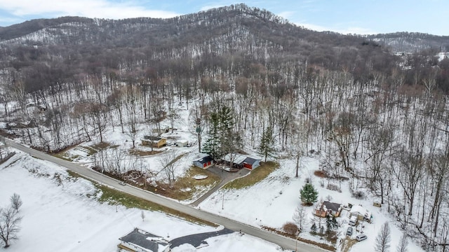 snowy aerial view with a mountain view