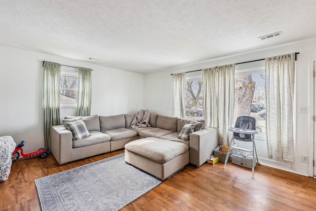 living room with hardwood / wood-style floors and a textured ceiling