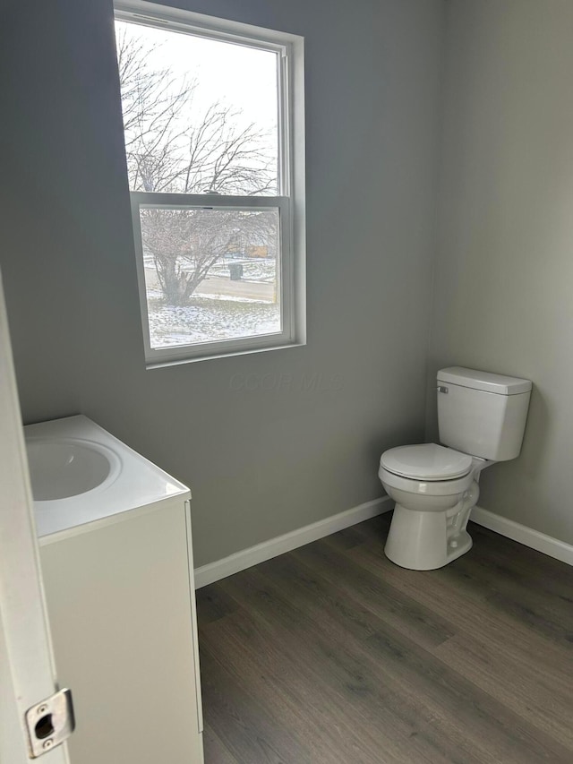 bathroom featuring toilet, vanity, and wood-type flooring