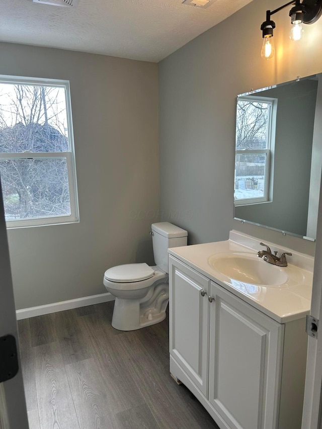 bathroom featuring toilet, wood-type flooring, and vanity