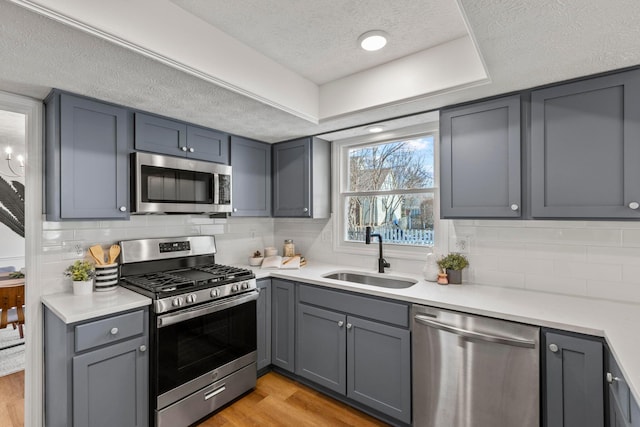 kitchen featuring sink, gray cabinetry, stainless steel appliances, light hardwood / wood-style floors, and decorative backsplash