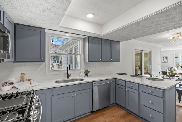 kitchen with sink, dark wood-type flooring, gray cabinets, stainless steel appliances, and kitchen peninsula