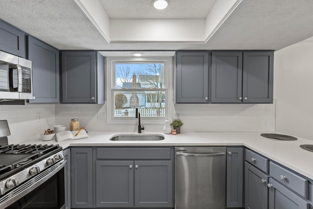 kitchen featuring sink, decorative backsplash, gray cabinets, and appliances with stainless steel finishes