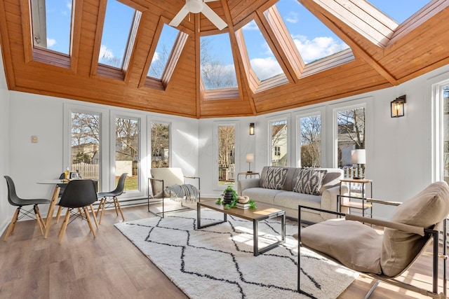 sunroom featuring lofted ceiling with skylight