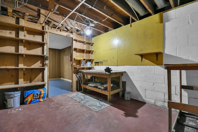 basement with a workshop area