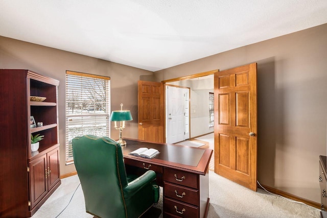 office area featuring light colored carpet