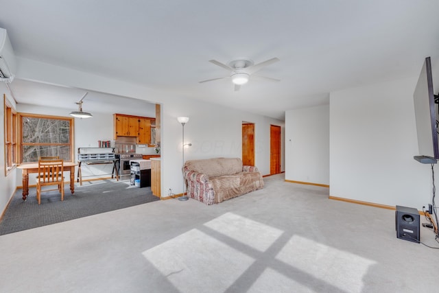 living room featuring ceiling fan and light carpet