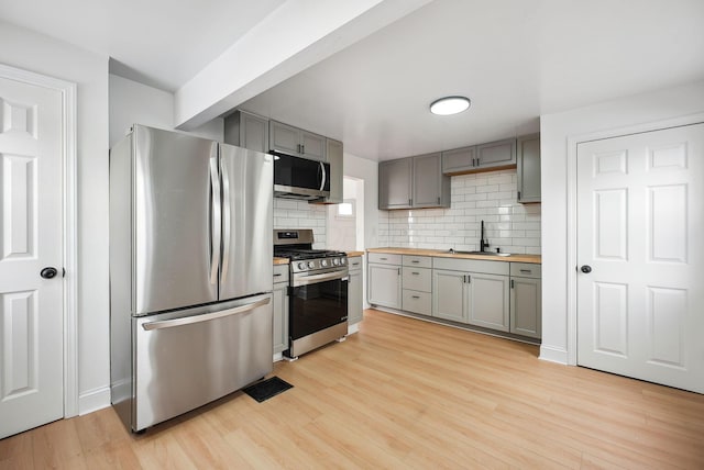 kitchen with sink, light wood-type flooring, appliances with stainless steel finishes, and decorative backsplash