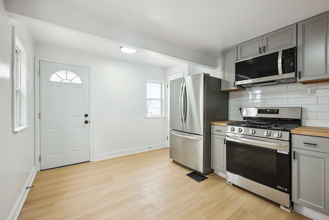 kitchen with backsplash, wood counters, gray cabinetry, and appliances with stainless steel finishes