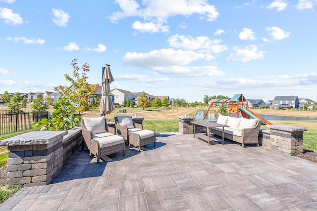 view of patio featuring a playground