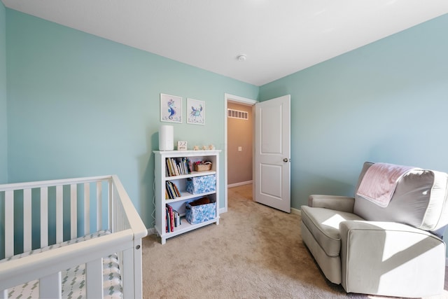 bedroom with light colored carpet