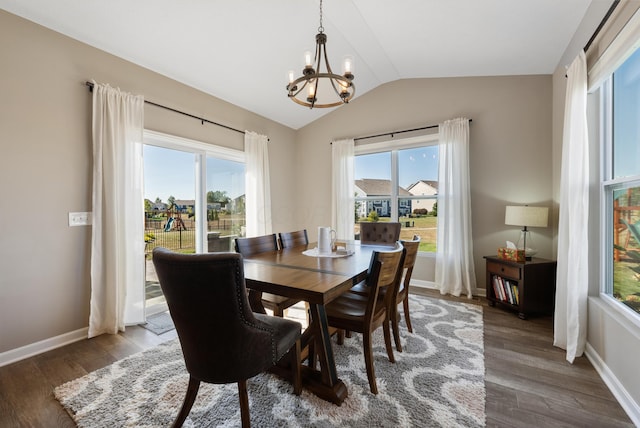 dining space with a chandelier, a healthy amount of sunlight, and dark hardwood / wood-style floors