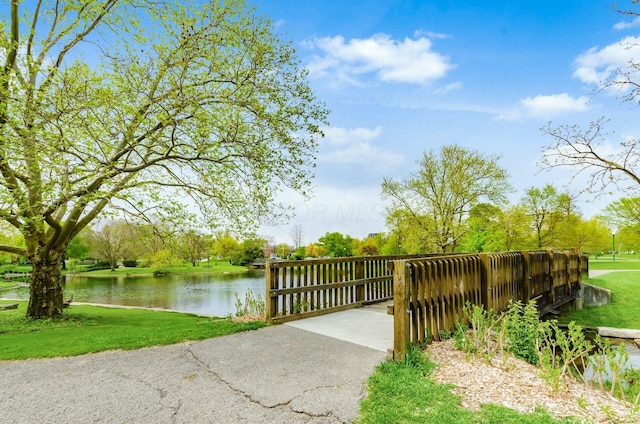 exterior space with a water view