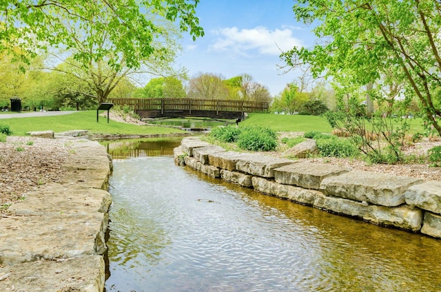 view of community featuring a water view and a lawn