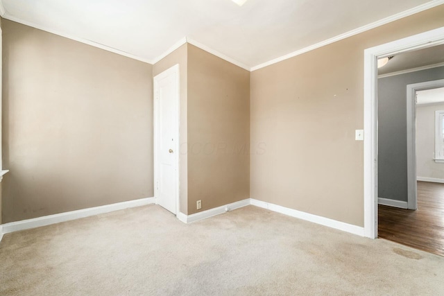 spare room featuring ornamental molding and light carpet