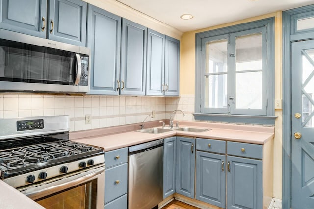 kitchen featuring stainless steel appliances, blue cabinets, sink, and decorative backsplash