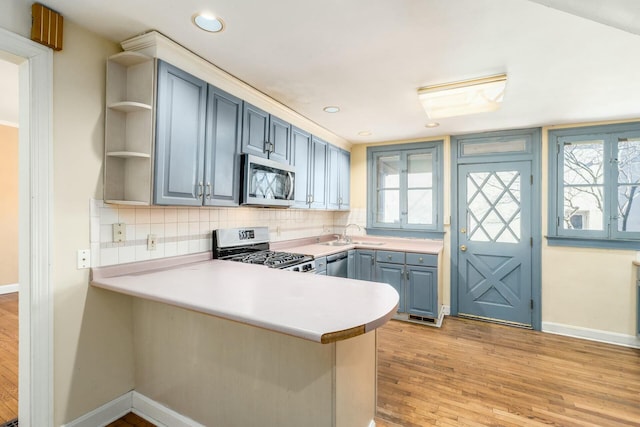 kitchen featuring appliances with stainless steel finishes, sink, backsplash, kitchen peninsula, and light wood-type flooring