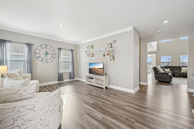 living room featuring wood-type flooring and crown molding