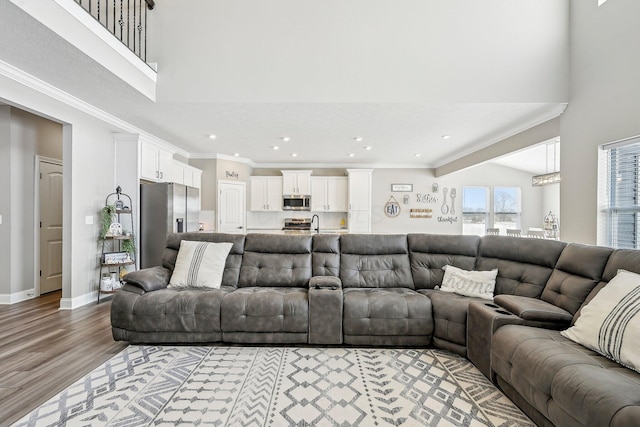 living room with sink, light wood-type flooring, and crown molding