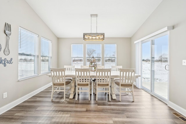 dining room featuring vaulted ceiling and dark wood-type flooring