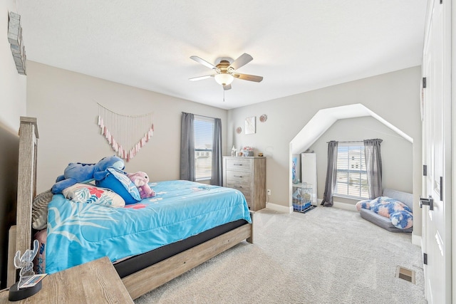 carpeted bedroom featuring ceiling fan