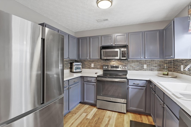 kitchen featuring a textured ceiling, stainless steel appliances, sink, backsplash, and light hardwood / wood-style flooring