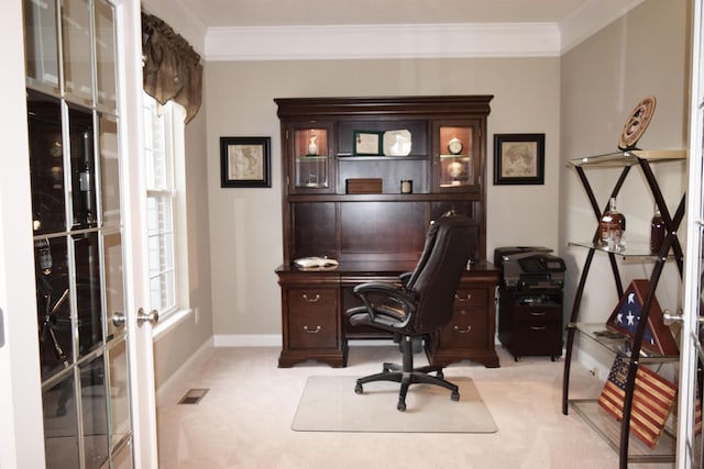 office with light carpet, ornamental molding, and french doors