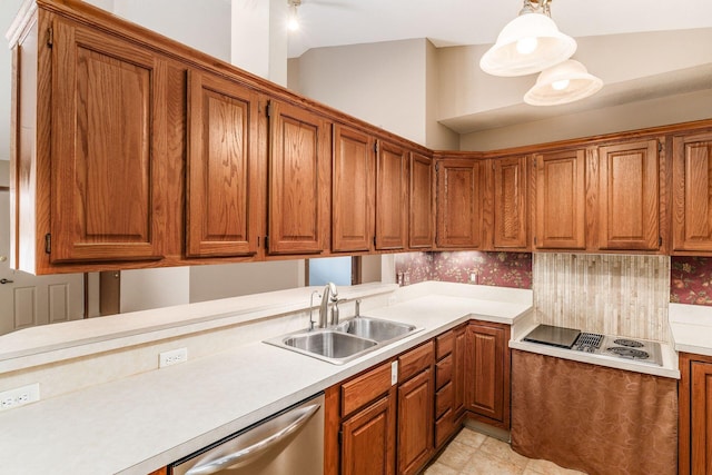 kitchen with dishwasher, electric stovetop, decorative light fixtures, tasteful backsplash, and sink