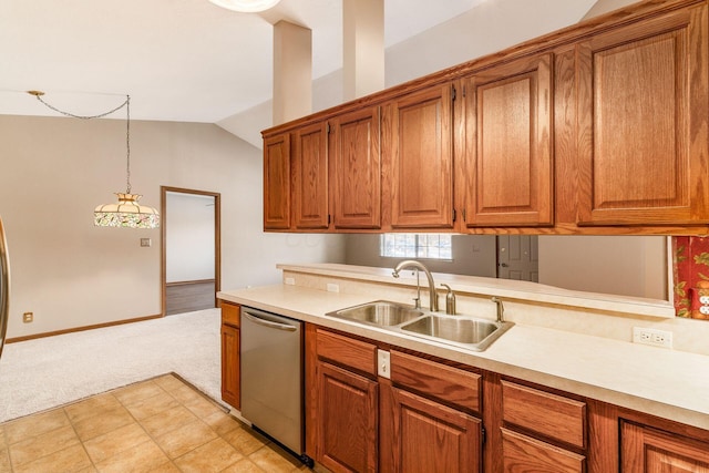 kitchen with dishwasher, hanging light fixtures, light carpet, sink, and vaulted ceiling