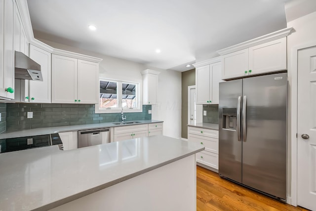 kitchen featuring sink, white cabinets, decorative backsplash, and stainless steel appliances