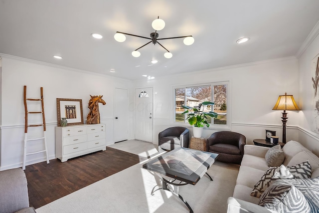 living room with crown molding and dark hardwood / wood-style flooring