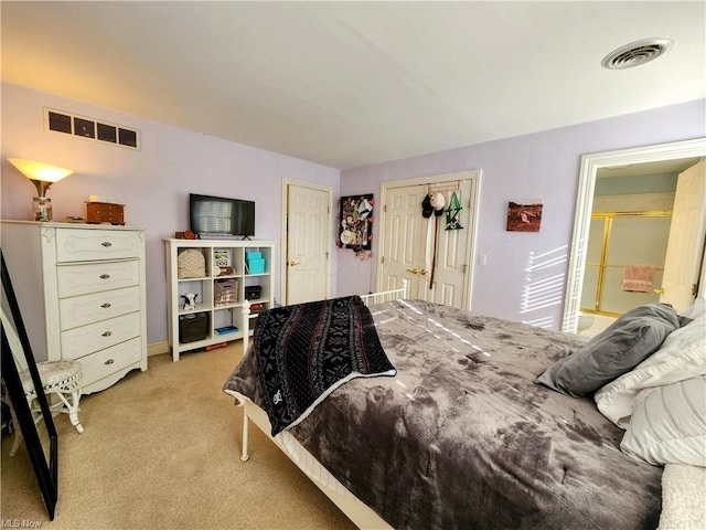 carpeted bedroom featuring ensuite bath and a closet