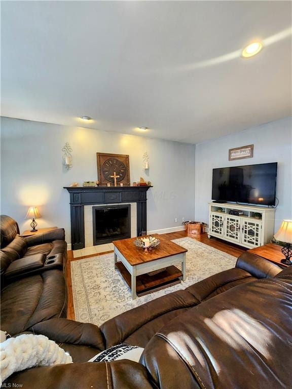 living room with hardwood / wood-style flooring and a tile fireplace