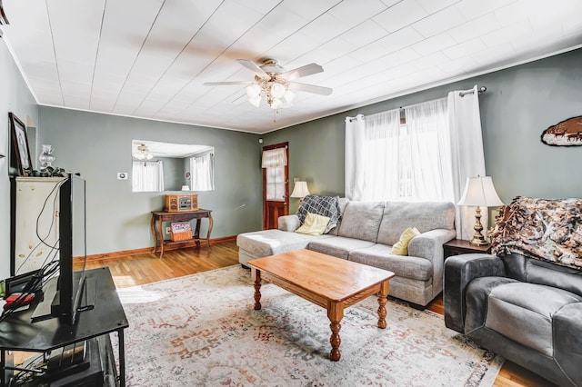 living room with ceiling fan and light hardwood / wood-style flooring