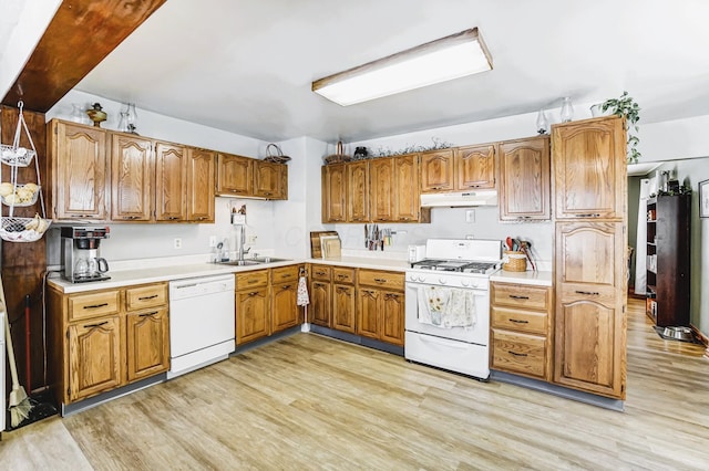 kitchen with sink, white appliances, and light wood-type flooring