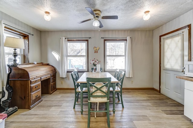 dining area with ceiling fan, light hardwood / wood-style floors, and a textured ceiling