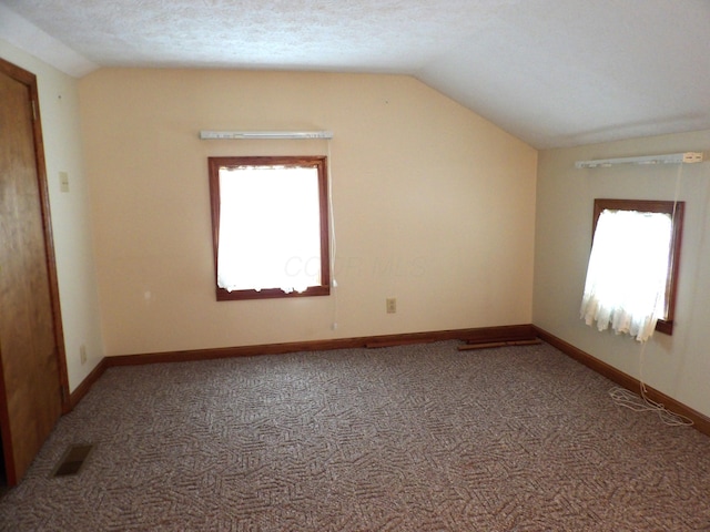 bonus room featuring a textured ceiling, carpet, and lofted ceiling