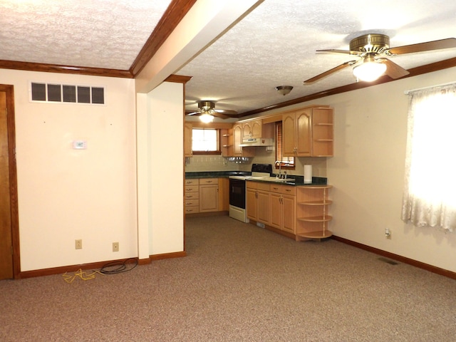 kitchen featuring a textured ceiling, decorative backsplash, carpet, ornamental molding, and range with electric stovetop