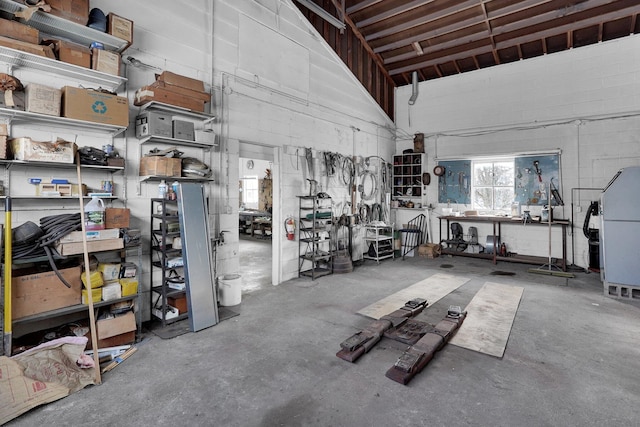 workout area featuring a towering ceiling and a workshop area