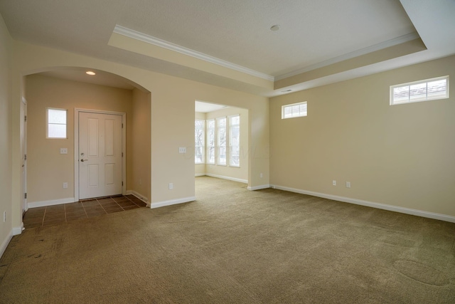 interior space with ornamental molding, carpet floors, and a raised ceiling