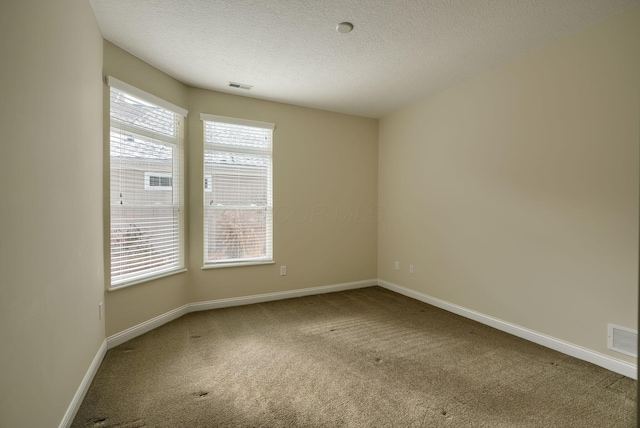 unfurnished room featuring a textured ceiling and carpet flooring