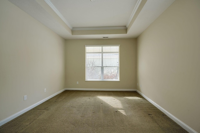 empty room featuring carpet, a raised ceiling, and ornamental molding