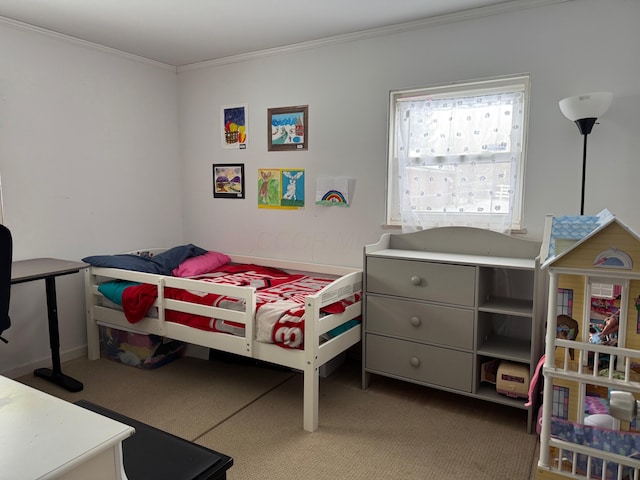 bedroom featuring ornamental molding and dark colored carpet