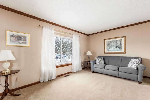 carpeted living room featuring crown molding and a textured ceiling