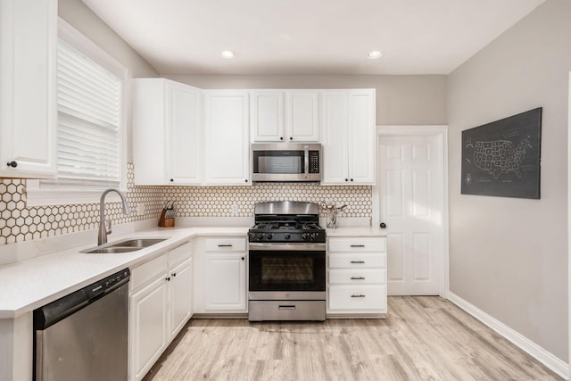 kitchen with sink, white cabinetry, stainless steel appliances, decorative backsplash, and light wood-type flooring