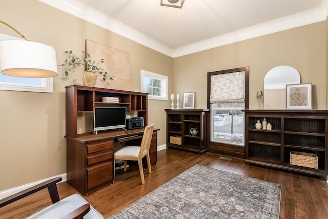 office area featuring dark hardwood / wood-style flooring and crown molding